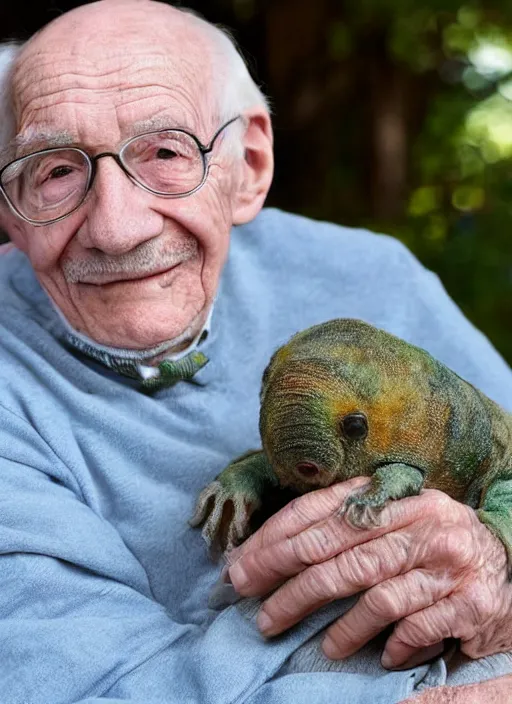 Prompt: an elderly man and his pet tardigrade, tardigrade on lap, cute pet photo