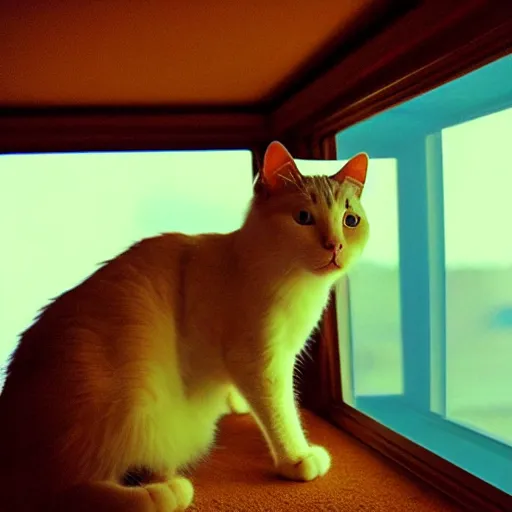 Image similar to photo of a cat watching martian terrain inside a window