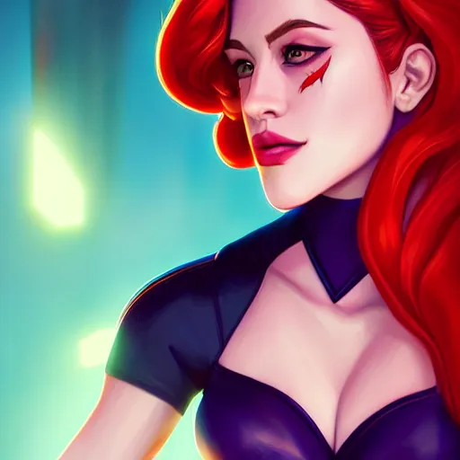 Image similar to a portrait of Lili Reinhart Batgirl comics, red hair, art by lois van baarle and loish and ross tran and rossdraws and sam yang and samdoesarts and artgerm, digital art, highly detailed, intricate, sharp focus, Trending on Artstation HQ, deviantart, unreal engine 5, 4K UHD image