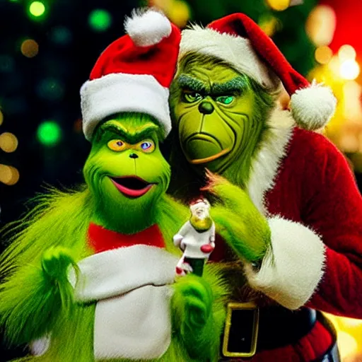 Image similar to grinch holding a miniature figurine of a santa claus 8 k