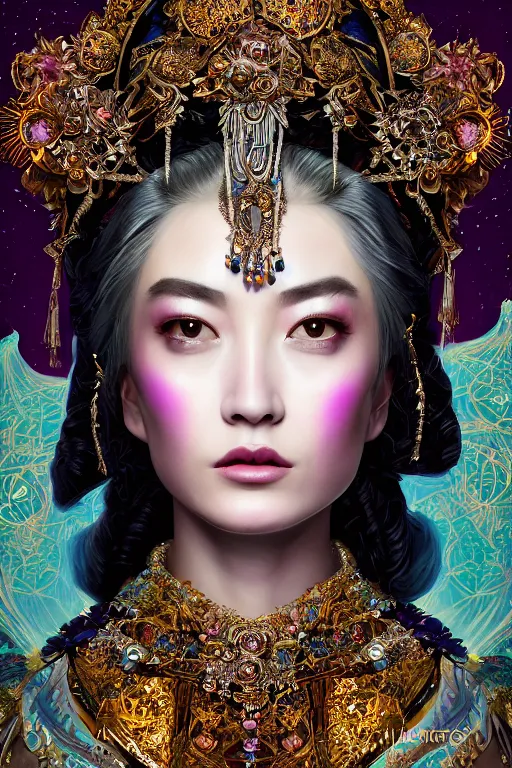 Image similar to a beautiful empress portrait, with a brilliant, impossible striking big cosmic headpiece, clothes entirely made out of cosmos, symmetrical, dramatic studio lighting, rococo, baroque, jewels, asian, hyperrealism, closeup, D&D, fantasy, intricate, elegant, highly detailed, digital painting, artstation, octane render, 8k, concept art, matte, sharp focus, illustration, art by Artgerm and Greg Rutkowski and Alphonse Mucha