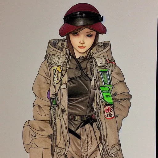 Prompt: a copic maker portrait of a russian girl very detailed features by yoshiyuki sadamoto, alphons mucha, norman rockwell wearing a pilot suit cargo streetwear - lots of zippers, pockets, synthetic materials, chic'techno fashion trend by issey miyake and balenciaga 8 k