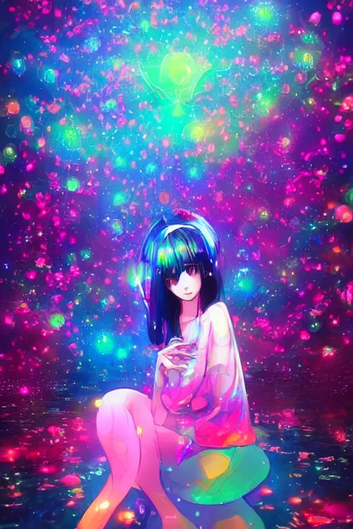 Image similar to psychedelic, whimsical, anime, 4k, beautiful intimate woman with professional makeup, long trippy hair, a crystal and flower dress, sitting in on a reflective pond underneath the stars, rainbow fireflies, trending on patreon, deviantart, twitter, artstation, volumetric lighting, heavy contrast, art style of Ross Tran and Ilya Kuvshinov