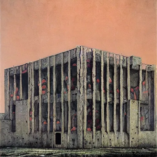 Prompt: brutalist building turning into meat, post apocalyptic, painted by beksinski
