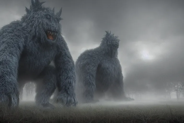 Image similar to a giant terrifying monster made out of detailed fur, standing faraway in the far distance, realism, photo realistic, high quality, misty, hazy, ambient lighting, cinematic lighting, studio quality, scary,