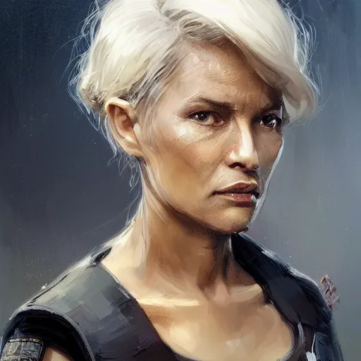 Prompt: portrait of a woman by greg rutkowski, she is a mixture between slav and samoan features, blonde short hair, she is about 7 0 years old, impeccable military composure, wearing tactical gear of the galactic alliance, star wars expanded universe, highly detailed portrait, digital painting, artstation, concept art, smooth, sharp foccus ilustration, artstation hq