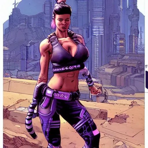 Prompt: Apex legends cyberpunk fitness babe. Concept art by James Gurney and Mœbius.