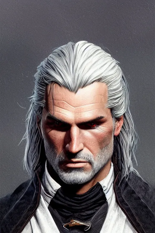 Image similar to photorealistic portrait photograph of geralt of rivia wearing an elegant tuxedo, depth of field, soft focus, highly detailed, intricate, realistic, national geographic cover, soft glow, textured, artstation, concept art, sharp focus, illustration, art by artgerm and greg rutkowski and alphonse mucha