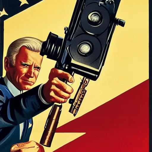 Image similar to propaganda poster of joe biden pointing gun directly at camera in james bond movie, closeup of gun, visible barrel and grip by j. c. leyendecker, bosch, lisa frank, jon mcnaughton, and beksinski