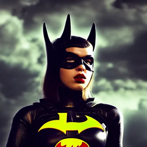 Prompt: a potrait of dua lipa as Batgirl by Zack Snyder, Christopher Nolan, 8k photorealistic, cinematic lighting, HD, high details, dramatic, trending on artstation, view from below, dark atmosphere,