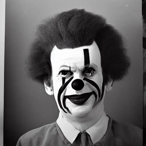 Image similar to ronald mcdonald mugshot in the newspaper, black and white newspaper, headline mugshot image of ronald mcdonald clown, clown mugshot, old fashioned photograph, criminal mugshot