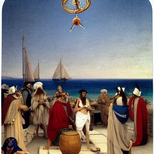 Image similar to A hundred people with jester hat and clothes on a greek circle archi on the front of a Balustrade with a beach and a sail boat on the background, major arcana cards, by paul delaroche and arnold böcklin hyperrealistic 8k, very detailed