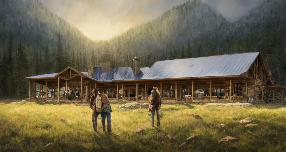 Image similar to cabela's beautiful comfortable modular pop - up insulated all terrain family dwelling, cabin,, person in foreground, mountainous forested wilderness open fields, beautiful views, painterly concept art, joanna gaines, environmental concept art, farmhouse, magnolia, concept art illustration, by james gurney, by craig mullins, by greg rutkowski trending on artstation