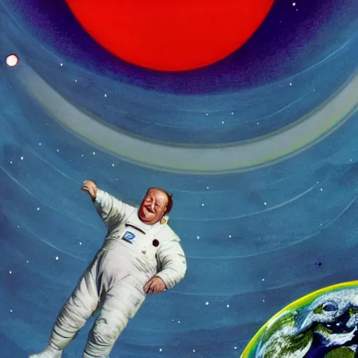 Prompt: yeltsin in outer space, behind him is a planet, space art in color