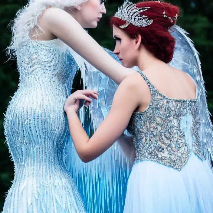 Image similar to photograph of a real-life beautiful ice queen in ornate dress comforting a woman. 8k