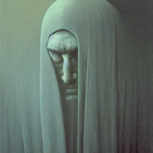 Image similar to priest by Zdzisław Beksiński, oil on canvas