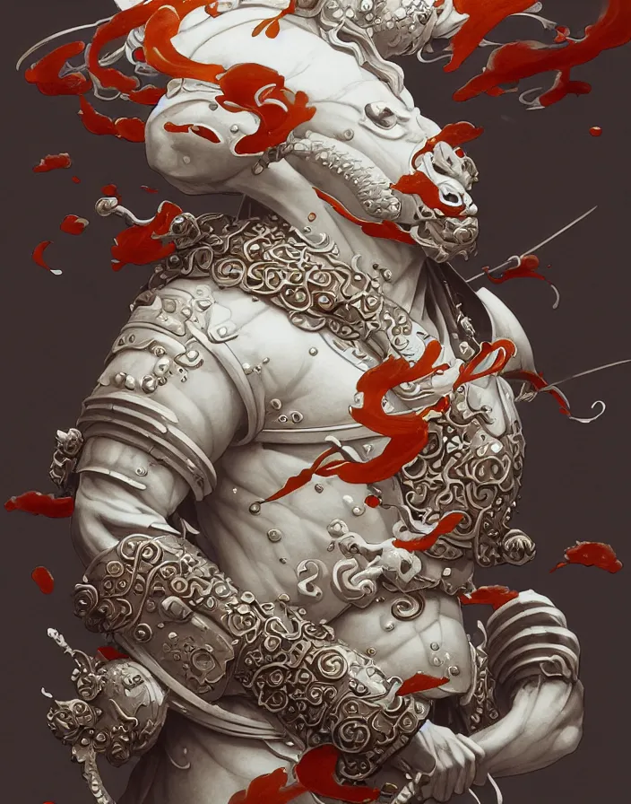 Image similar to subsurface scattering, white, koi, samurai deity with koi armor, art nouveau swirls, octane render, by jesper ejsing, james jean, justin gerard, tomasz alen kopera, cgsociety and fenghua zhong, highly detailed, rim light, cinematic lighting, art, very coherent, cinematic, hyper realism, high detail, 8 k