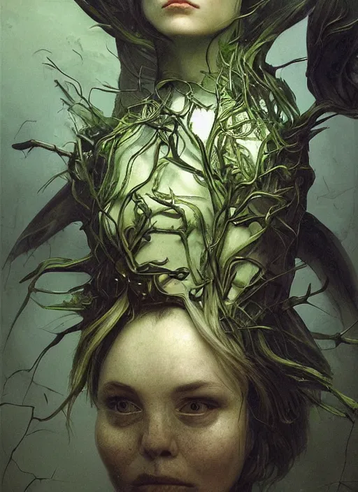 Image similar to fractal with green chins, physically accurate, moody dynamic lighting, very very intricate, very very elegant, highly detailed, digital painting, artstation, HR GIGER, Hieronymus Bosch, Francis Bacon, concept art, smooth, very beautiful, sharp focus, illustration, art by artgerm and greg rutkowski and alphonse mucha