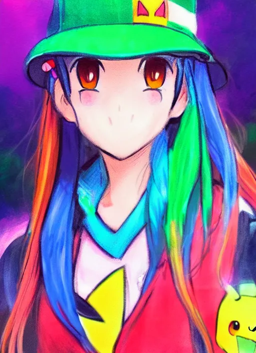 Prompt: a portrait of a female pokemon trainer, rainbow outfit, very anime in impressionist style, anime trending artwork, anime painter studio, by claude monet