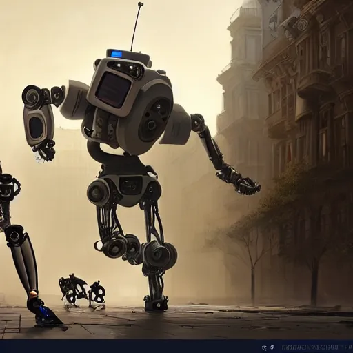 Prompt: beautiful digital painting of man helping robot run a marathon, high detail, 8 k, stunning detail, works by artgerm, greg rutkowski and alphonse mucha, unreal engine 5, 4 k uhd