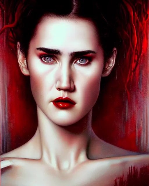 Prompt: extreme!!! close - up shot of jennifer connelly's young face, cherry red & off - white, in a dark environment, ayami kojima, karol bak, greg hildebrandt, hauntingly surreal, highly detailed painting by james jean and jenny saville, soft light 4 k