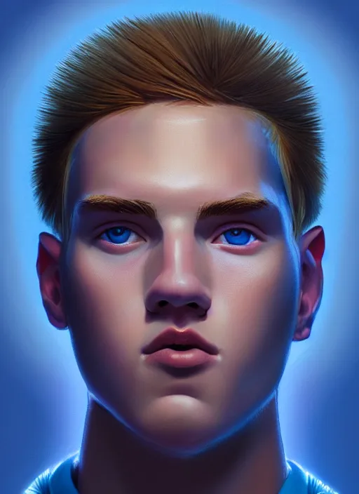 Image similar to portrait of high school senior boy named big moose, blonde short hair, jock, beefy, wide face, square jaw, square facial structure, blue varsity jacket with letter r, intricate, elegant, glowing lights, highly detailed, digital painting, artstation, concept art, sharp focus, illustration, art by wlop, mars ravelo and greg rutkowski