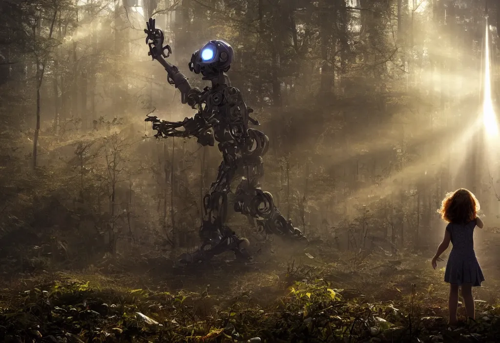 Image similar to sci - fi scene future new york, little girl holding a hand of a big robot, forest punk, crepuscular rays, epic scene, hyper realistic, photo realistic, overgrowth, cinematic atmosphere, ethereal lighting