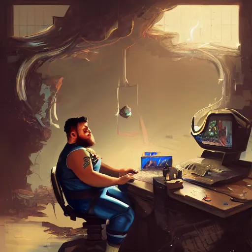 Image similar to a insanely detailed painting of a slightly overweight man wearing a homemade superhero costumed, sitting at a computer desk, nervously and clicking on the mouse, in the style of peter mohrbacher, dramatic lighting and composition, trending on artstation, concept art, comic book