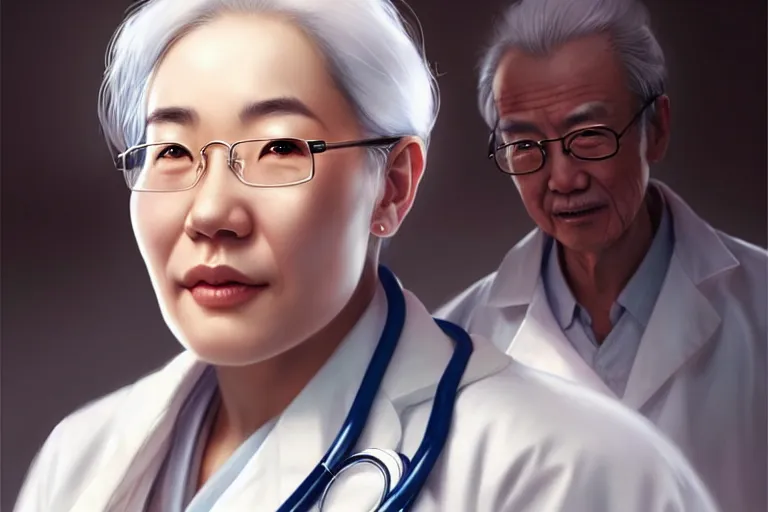 Image similar to a cute female doctor in a white coat, a chinese old man, cinematic, highly detailed, digital painting, artstation, concept art, matte, sharp focus, illustration, art by artgerm and greg rutkowski