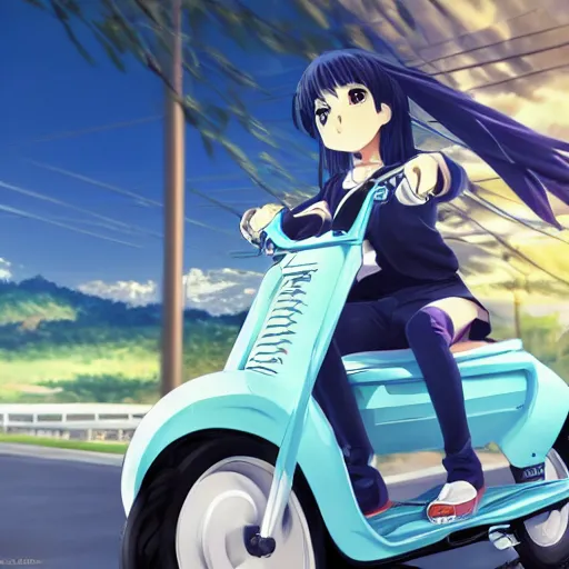 Image similar to close up of a high definition anime girl in a blue honda c90 with armenia quindio in the background , Artwork by Makoto Shinkai, pixiv, 8k, official media, wallpaper, hd