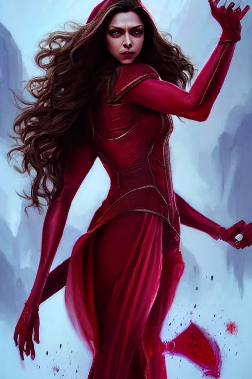 Image similar to Deepika Padukone as Scarlet Witch, Scarlet Witch costume, Deepika Padukone Face, villany, portrait, masculine figure, highly detailed, digital painting, artstation, concept art, smooth, sharp focus, illustration, cinematic lighting, art by artgerm and greg rutkowski and alphonse mucha