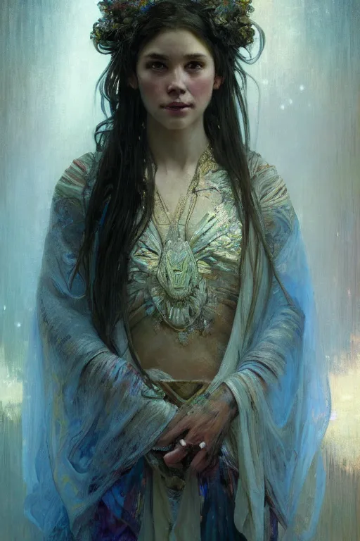 Image similar to hyperrealist portrait of a girl emperorit is decorated with long robes that fall like stars. by jeremy mann and alphonse mucha, fantasy art, photo realistic, dynamic lighting, artstation, poster, volumetric lighting, very detailed faces, 4 k, award winning