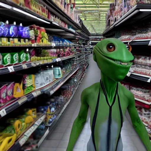 Image similar to mid shot of an realistic alien dressed by emidio tucci buying groceries at the store, shot by amanda carlson and alex strelkovv, professional photo, masterpiece, very detailed, hyper - realistic, unreal engine, straight face, cinematic, 4 k