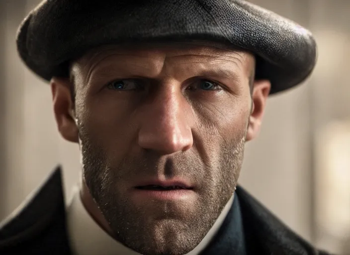 Image similar to film still of Jason Statham!!! as Thomas Shelby in Peaky Blinders, 4k