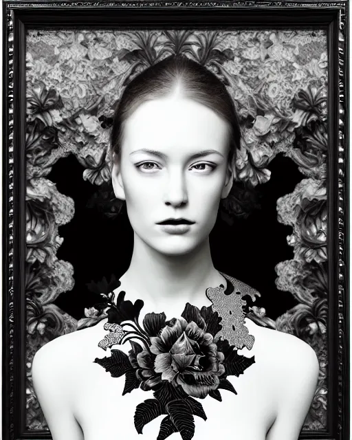 Image similar to masterpiece monochrome profile portrait painting, dutch masters, silver lace floral steampunk biomechanical beautiful one techno eye young female cyborg, big monocular, volumetric light, leaves foliage and stems, hibiscus flowers, alexander mcqueen, rim light, big gothic fashion pearl embroidered collar, 8 k