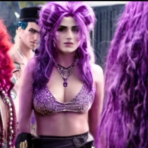 Image similar to a film still of Kars from jojo with purple hair in Magic Mike(2012)