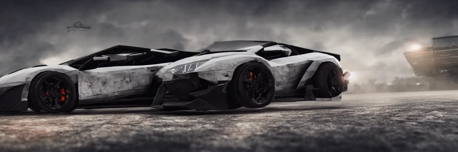 Image similar to black lego lamborghini on a race track. soft light. cinematic. intricate. close - up shot. highly detailed. matte painting in the style of craig mullins. octane render. 8 k. trending on artstation