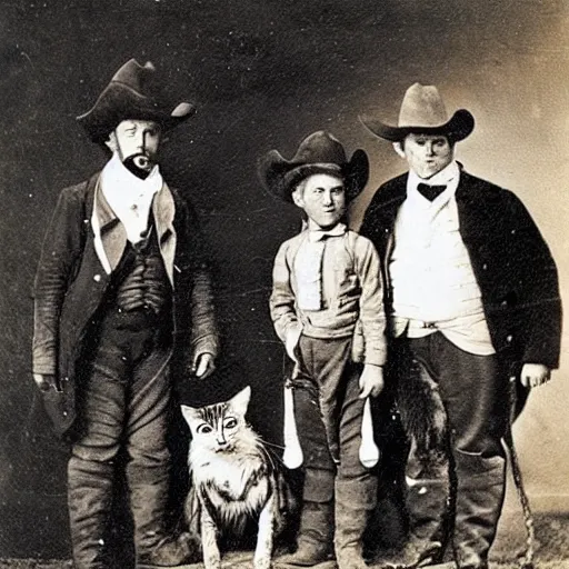 Prompt: cowboys and their cats, 1 8 0 0 s, photograph