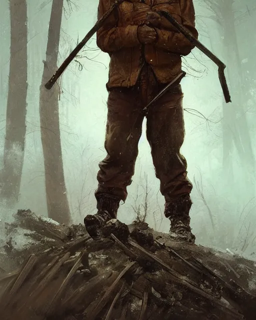 Prompt: a highly detailed epic cinematic concept art CG render digital painting artwork: Railroad worker in Siberian forest. By Greg Rutkowski, in the style of Francis Bacon and Syd Mead and Norman Rockwell and Beksinski, open ceiling, highly detailed, painted by Francis Bacon and Edward Hopper, painted by James Gilleard, surrealism, airbrush, Ilya Kuvshinov, WLOP, Stanley Artgerm, very coherent, triadic color scheme, art by Takato Yamamoto and James Jean