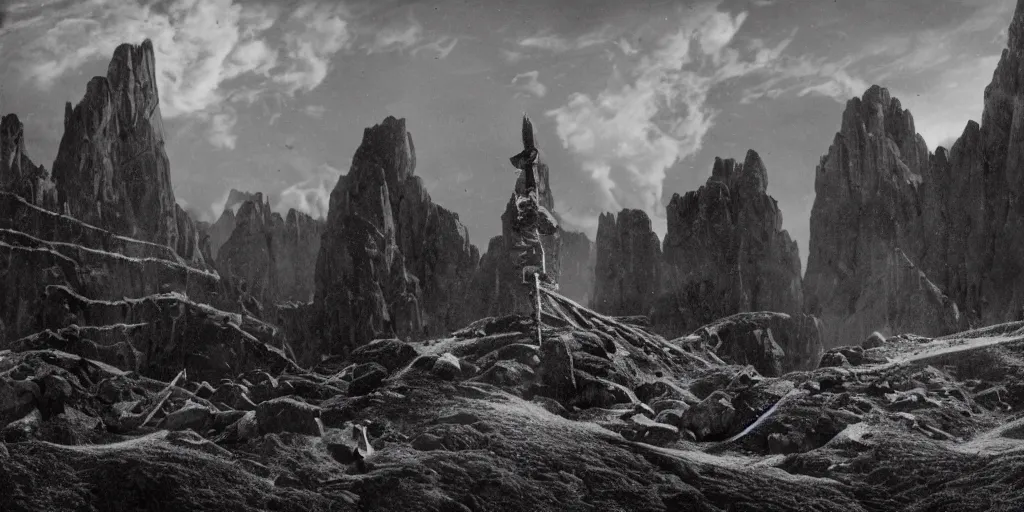 Prompt: 1920s photography the of the dolomites, occult signs, witch burning, pyre, solstice fire, alp, dolomites, alpine, detailed intricate insanely detailed octane render, 8k artistic 1920s photography, photorealistic, black and white, chiaroscuro, hd, by David Cronenberg, Raphael, Caravaggio