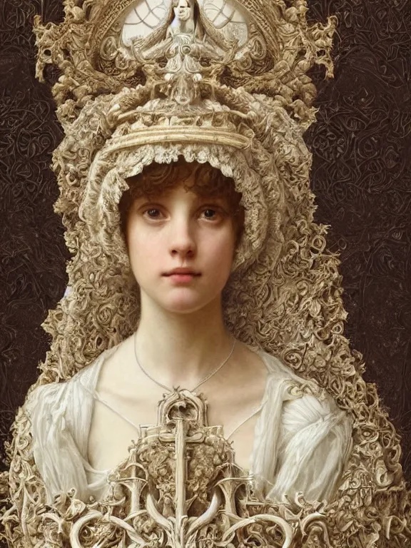 Image similar to a beautiful render of baroque catholic veiled the white queen sculpture with symmetry intricate detailed,by Lawrence Alma-Tadema, peter gric,aaron horkey,Billelis,trending on pinterest,hyperreal,jewelry,gold,intricate,maximalist,golden ratio,cinematic lighting