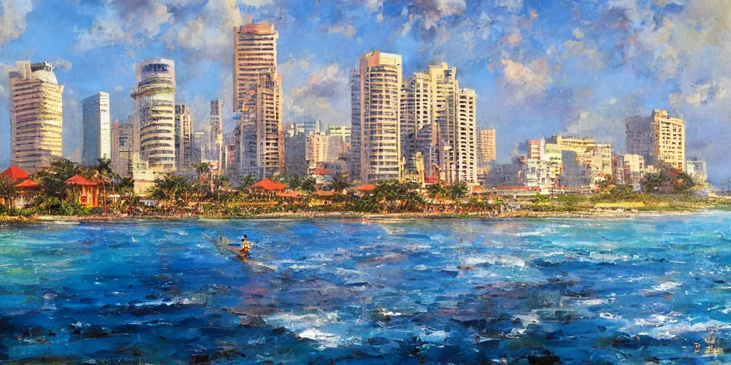 Image similar to colombo sri lanka cityscape, ocean, colombo world trade centre, art by Daniel F. Gerhartz