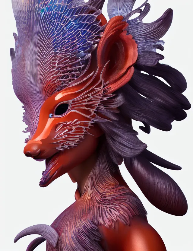 Image similar to 3 d goddess close - up profile portrait. beautiful intricately detailed japanese autumn fox mask and clasical japanese kimono. betta fish, jellyfish phoenix, bio luminescent, plasma, ice, water, wind, creature, artwork by tooth wu and wlop and beeple and greg rutkowski