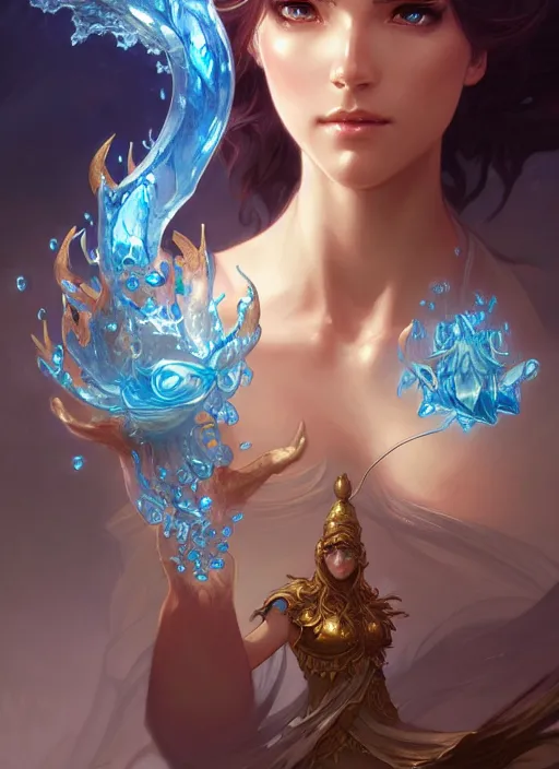 Image similar to summoner with a cute water elemental, fantasy, intricate, elegant, highly detailed, digital painting, artstation, concept art, wallpaper, smooth, sharp focus, illustration, art by artgerm and greg rutkowski and alphonse mucha