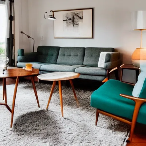 Prompt: mid century modern furniture in cozy fancy hygge living room with warm lighting at night