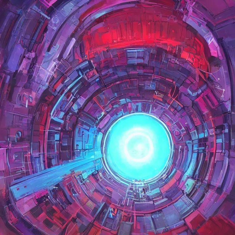 Prompt: a circle!! spiral!! portal!!! structure floating in space!!, cyberpunk, epic surrealism, indigo, purple, bright red, cyan, detailed digital matte painting in the style of simon stalenhag and painting by ralph mcquarrie