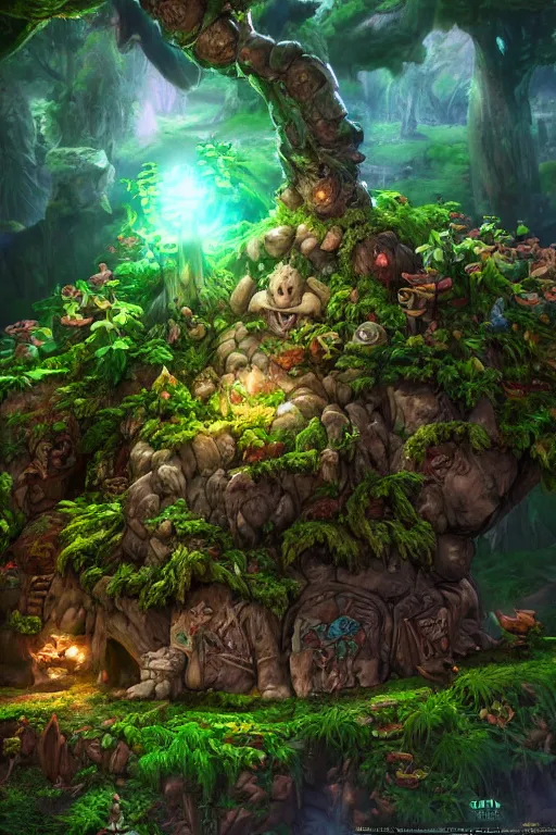 Image similar to zelda fantasy art giant golem troll wood rock greeble gemstone enchanted forest, global illumination ray tracing hdr fanart arstation by sung choi and eric pfeiffer and gabriel garza and casper konefal bastion forged hardmesh lisa frank zbrush central radiating a glowing aura global illumination ray tracing hdr