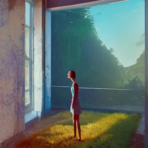 Image similar to giant daisy flower head, woman standing next to modern window in luxury loft, surreal photography, sunlight, impressionist painting, digital painting, artstation, simon stalenhag