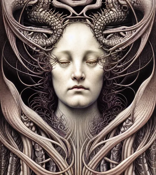 Image similar to detailed realistic beautiful dragon goddess face portrait by jean delville, gustave dore, iris van herpen and marco mazzoni, art forms of nature by ernst haeckel, art nouveau, symbolist, visionary, gothic, neo - gothic, pre - raphaelite, fractal lace, intricate alien botanicals, ai biodiversity, surreality, hyperdetailed ultrasharp octane render