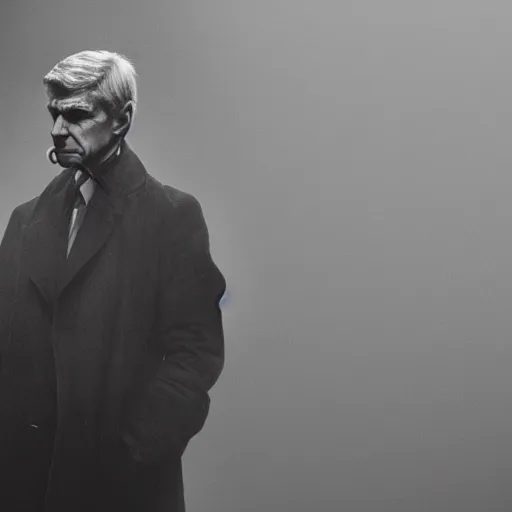 Image similar to arsene wenger as a 1 9 4 0 s gangster, noir, fog, serious, extreme detail, realistic, rain, atmospheric, cigarette in mouth, movie still, studio light 4 k